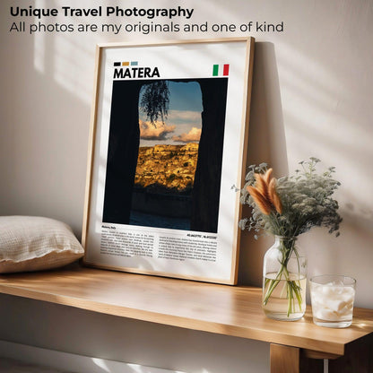 Stunning photography of Matera’s historic Sassi district, showcasing ancient stone buildings and panoramic views, perfect for travel-inspired wall art.