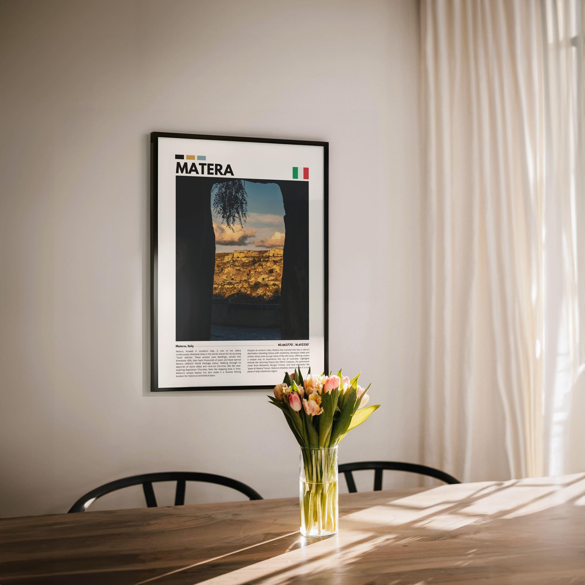 Matera cityscape photography poster showcasing the ancient stone houses and unique charm of this UNESCO World Heritage Site, perfect for home decor.