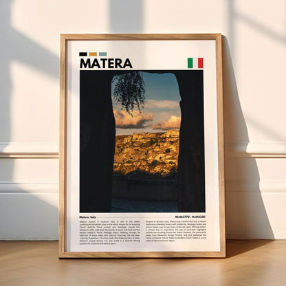 Matera’s panoramic city view photographed in stunning detail, showcasing its ancient architecture and rich cultural heritage, perfect for modern decor.