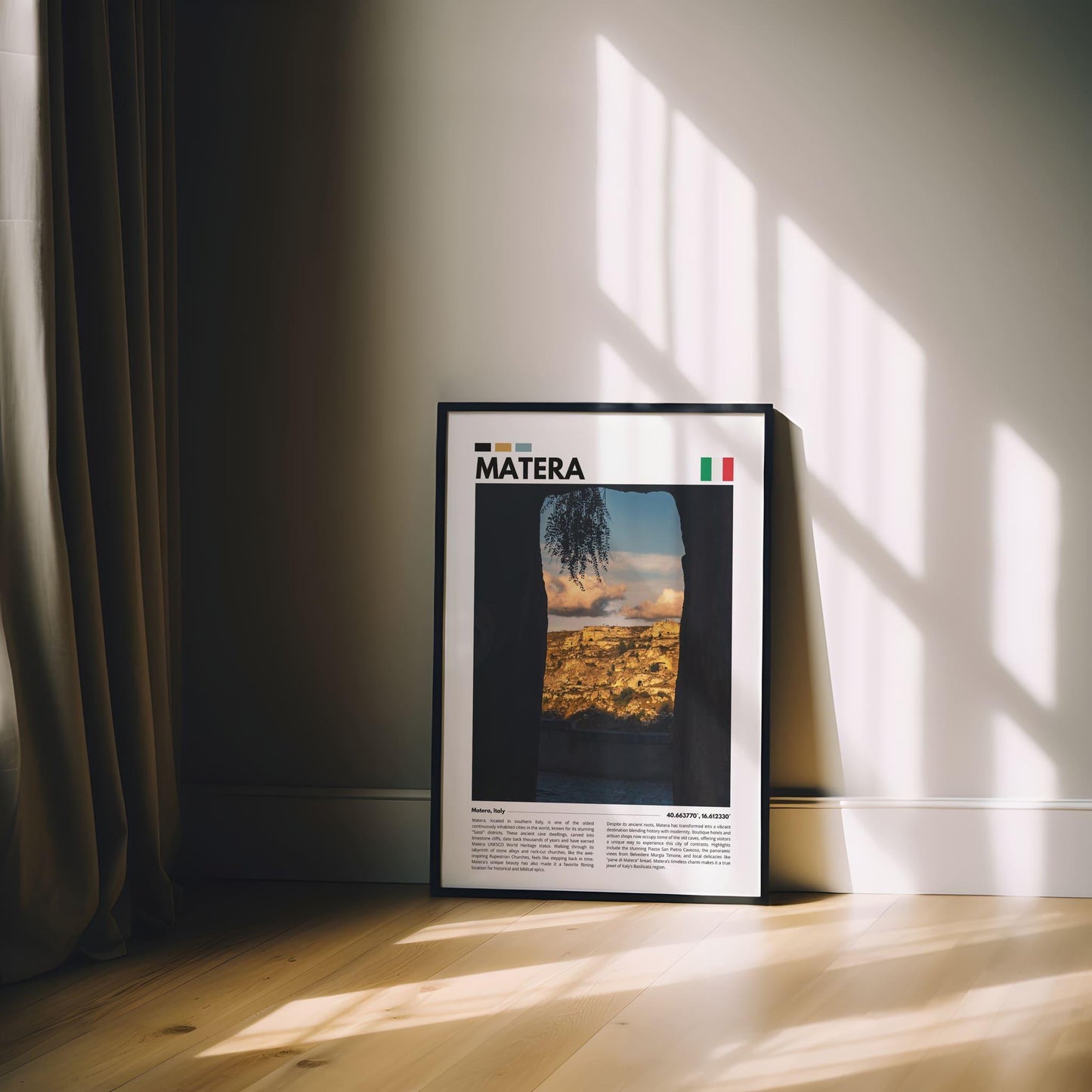 Scenic view of Matera’s historic streets and stone buildings, captured in vibrant photography for travel enthusiasts and wall art collectors.