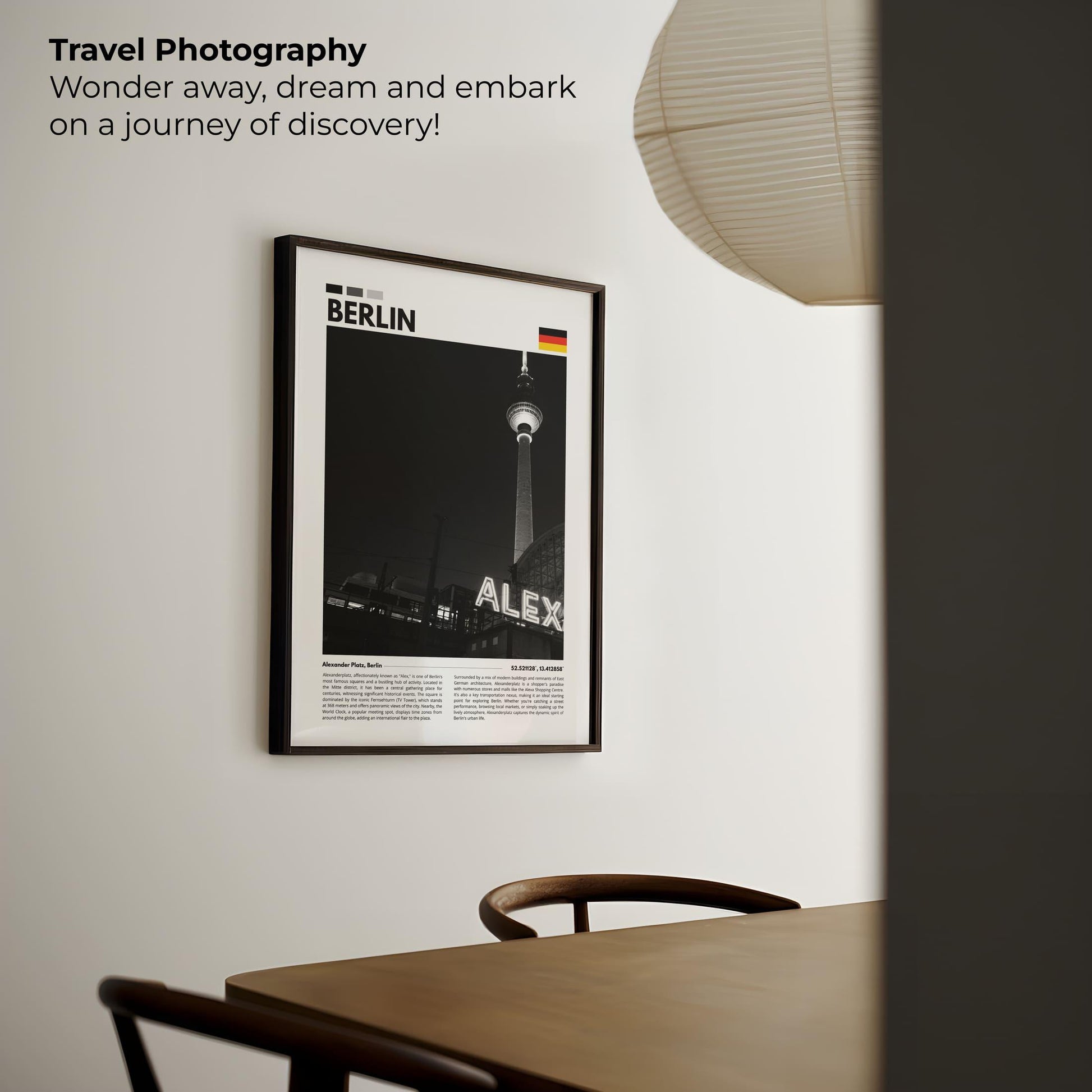 Striking black and white photo of Alexanderplatz in Berlin, featuring the iconic TV Tower and historic landmarks, ideal for fans of city-inspired art.