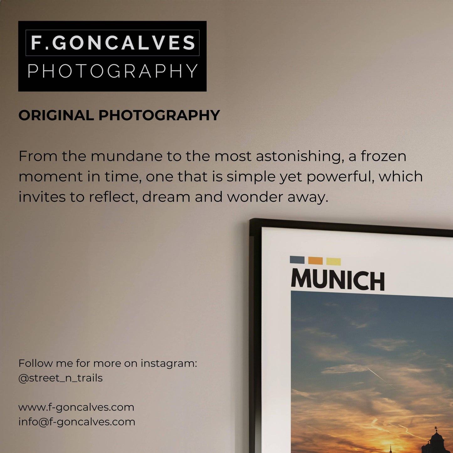 High-resolution image of Munich at golden hour, capturing the glowing skyline and architectural charm of the city, ideal for urban and sunset-inspired wall art.