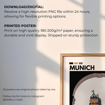 Munich church covered in snow with intricate architectural details, captured in high-resolution photography, making this poster perfect for fans of European landscapes and winter scenes.