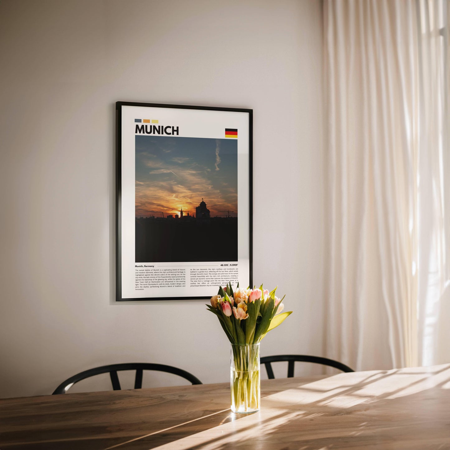 Munich skyline photography during golden hour, with glowing rooftops and iconic landmarks, creating a serene and dynamic image for modern wall art.