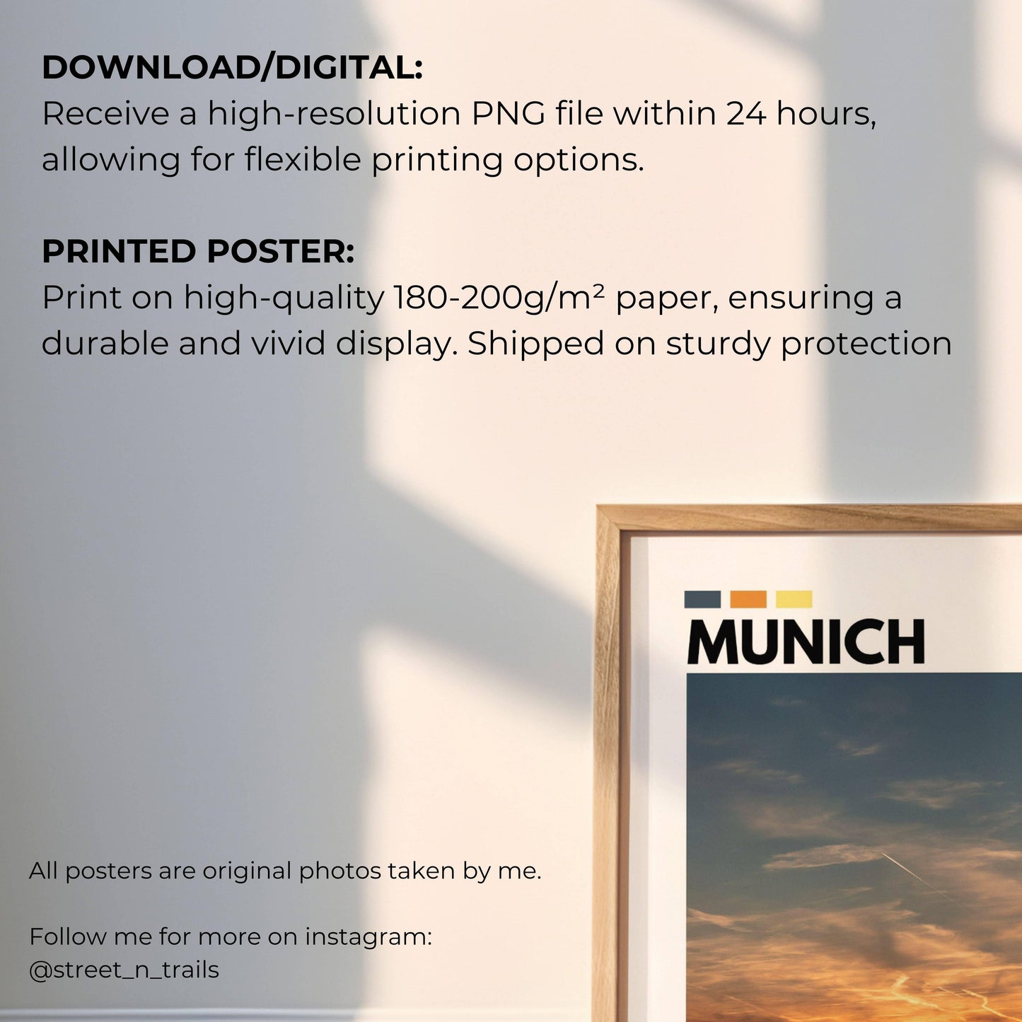 Beautiful golden hour view of Munich’s skyline, showcasing its landmarks bathed in warm light, perfect for travel-inspired photography posters.