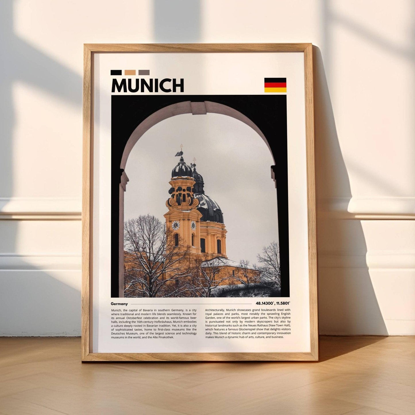 Original photography of a Bavarian church in Munich surrounded by snow, perfect for adding a calming and wintery vibe to any space, especially for lovers of European architecture.