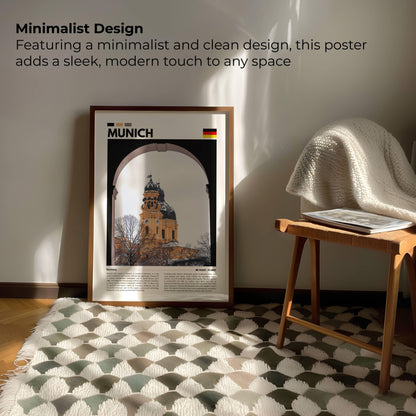 Serene Munich church in winter, covered in snow, captured in a photography poster that brings a sense of calm and tranquility to any room decor.