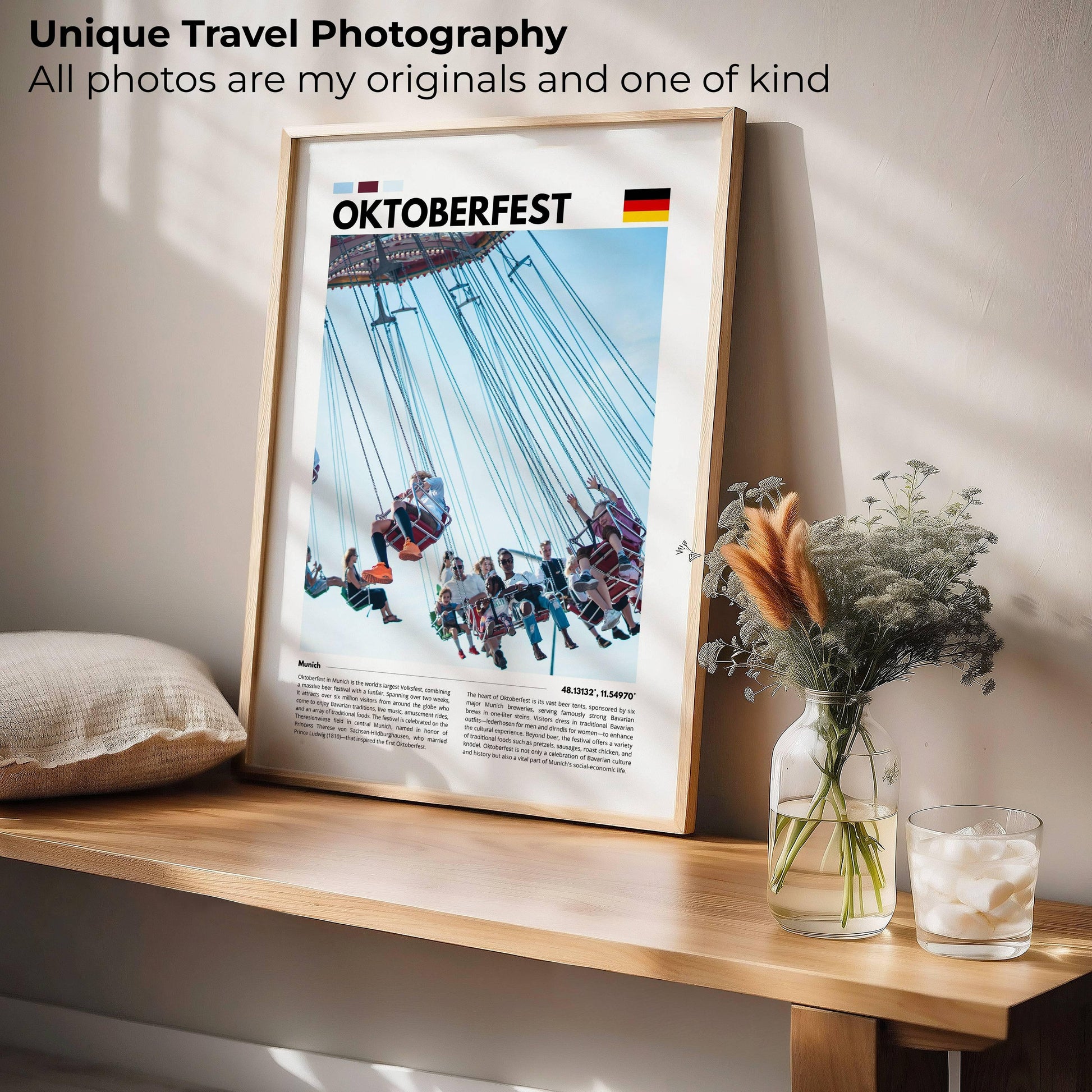 Vibrant photography poster of Oktoberfest in Munich, capturing the energy of the festival with beer tents, traditional costumes, and lively crowds, perfect for travel-inspired decor.