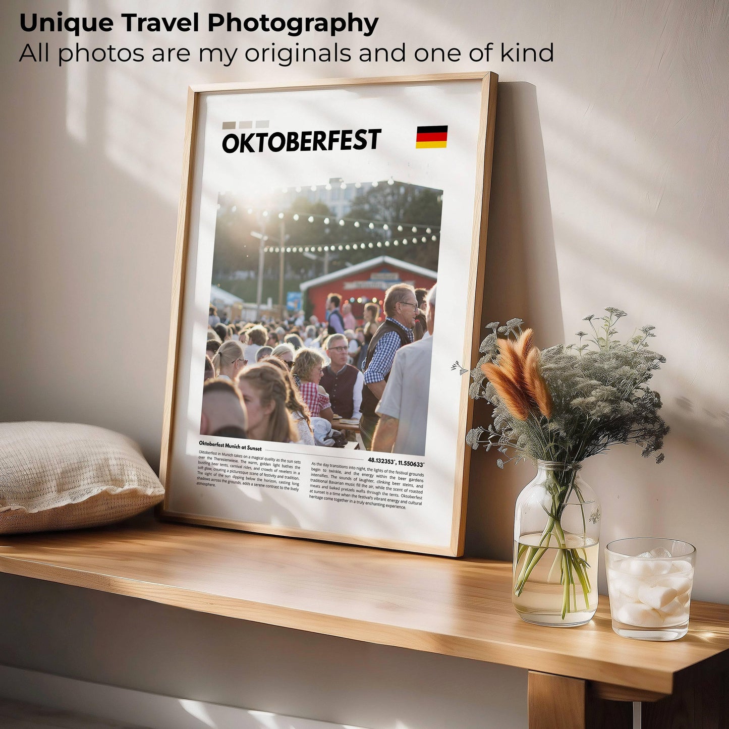 Bavarian festival Oktoberfest during sunset, with warm light over traditional beer tents and bustling crowds, perfect for travel-inspired wall decor.