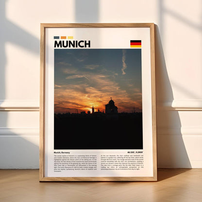 High-quality image of Munich’s skyline at sunset, featuring golden light over the city’s famous landmarks, perfect for adding a peaceful touch to any room.