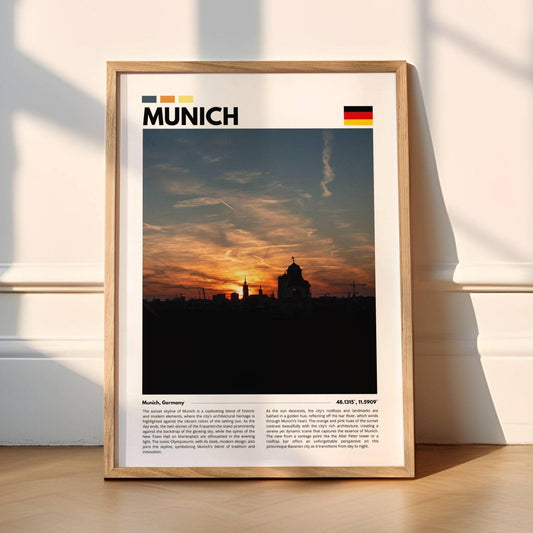 High-quality image of Munich’s skyline at sunset, featuring golden light over the city’s famous landmarks, perfect for adding a peaceful touch to any room.