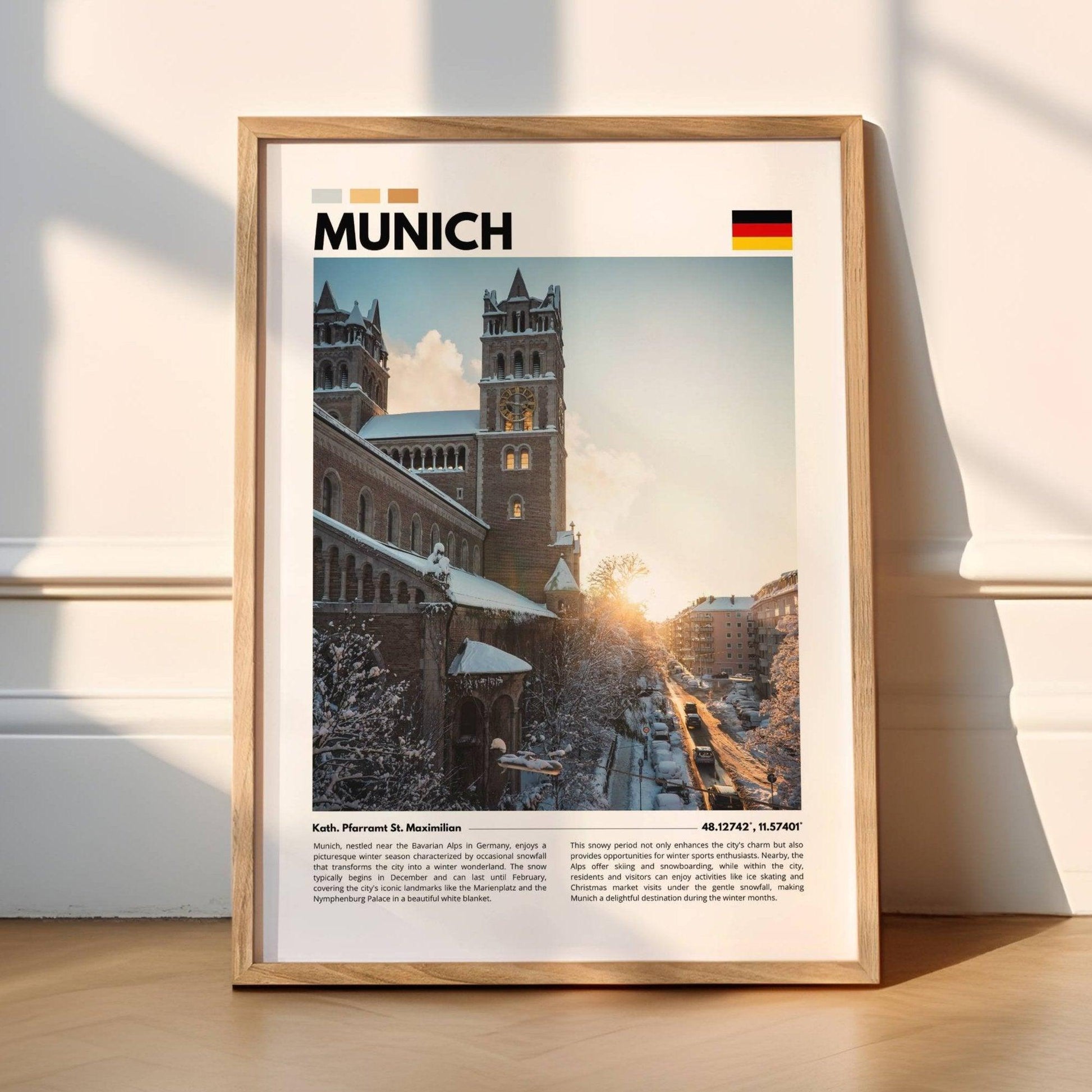 Munich church under snow during a winter sunset, showcasing Bavarian architecture glowing in golden light and surrounded by a peaceful snowy landscape.