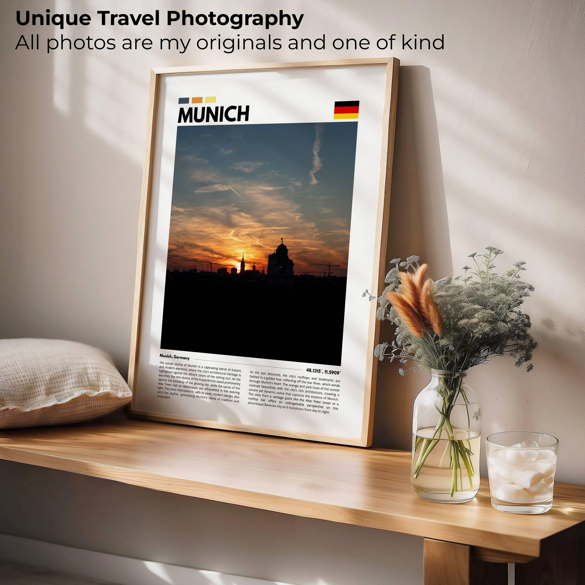 Glowing Munich skyline captured at golden hour, with iconic landmarks illuminated by the setting sun, perfect for travel enthusiasts and serene decor lovers.