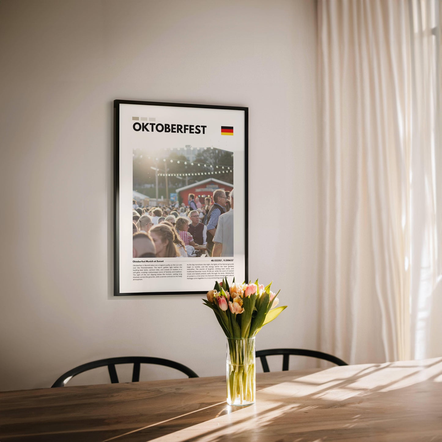 Photography poster of Oktoberfest Munich at sunset, with the festival’s iconic beer tents and rides glowing under the golden hour light, perfect for decor.