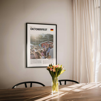 Photography poster of Oktoberfest Munich at sunset, with the festival’s iconic beer tents and rides glowing under the golden hour light, perfect for decor.