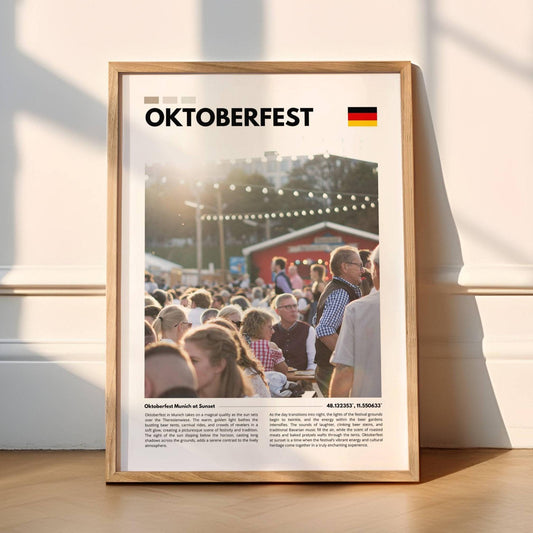 Stunning sunset at Oktoberfest Munich, with beer tents and festival rides illuminated by golden light, captured in detailed photography for your wall decor.