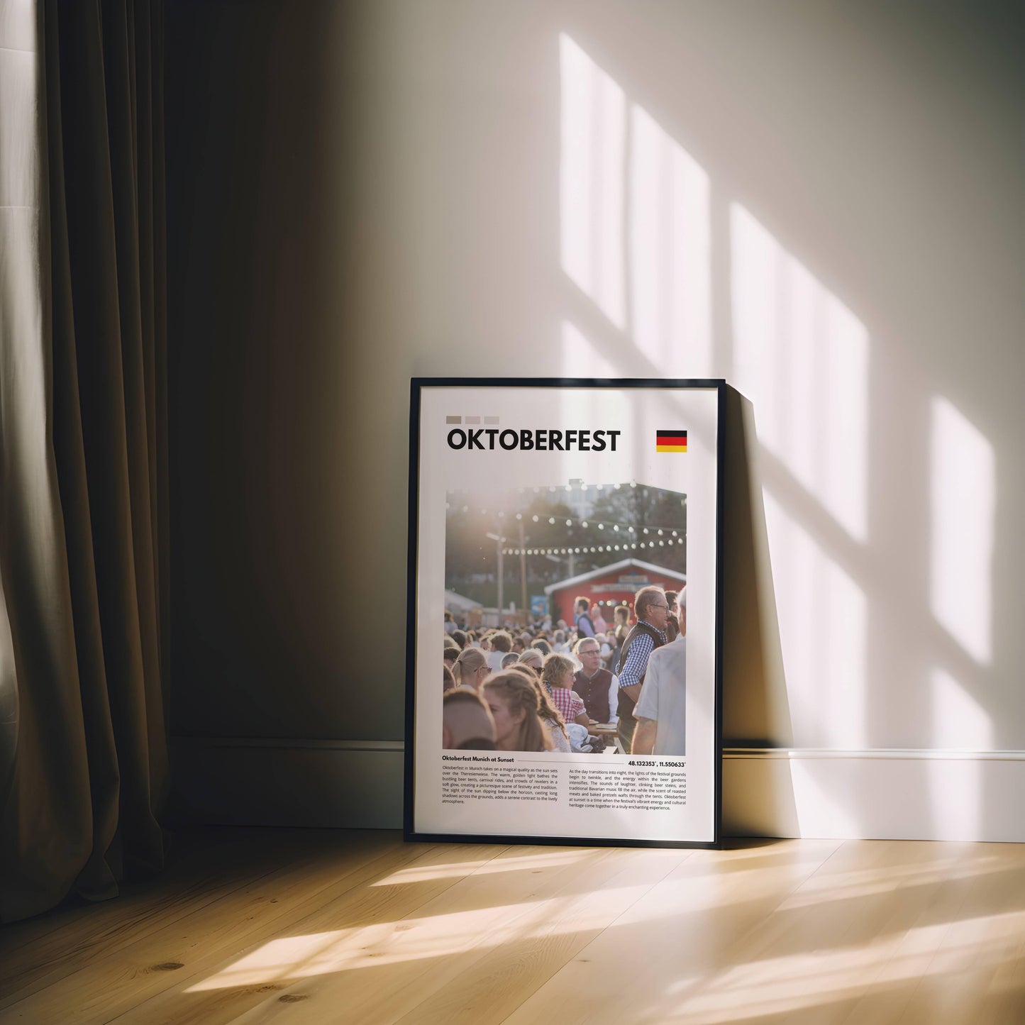 High-resolution photography of Oktoberfest Munich during sunset, showcasing the golden hour light over traditional Bavarian beer tents and cheerful crowds.