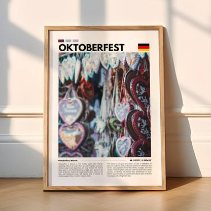 Vibrant photography poster of Munich Oktoberfest, showcasing beer gardens, Bavarian costumes, and festival rides under a lively Bavarian atmosphere.