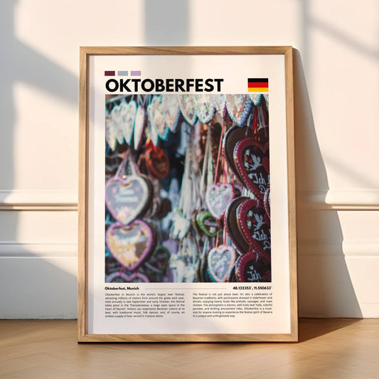 Vibrant photography poster of Munich Oktoberfest, showcasing beer gardens, Bavarian costumes, and festival rides under a lively Bavarian atmosphere.