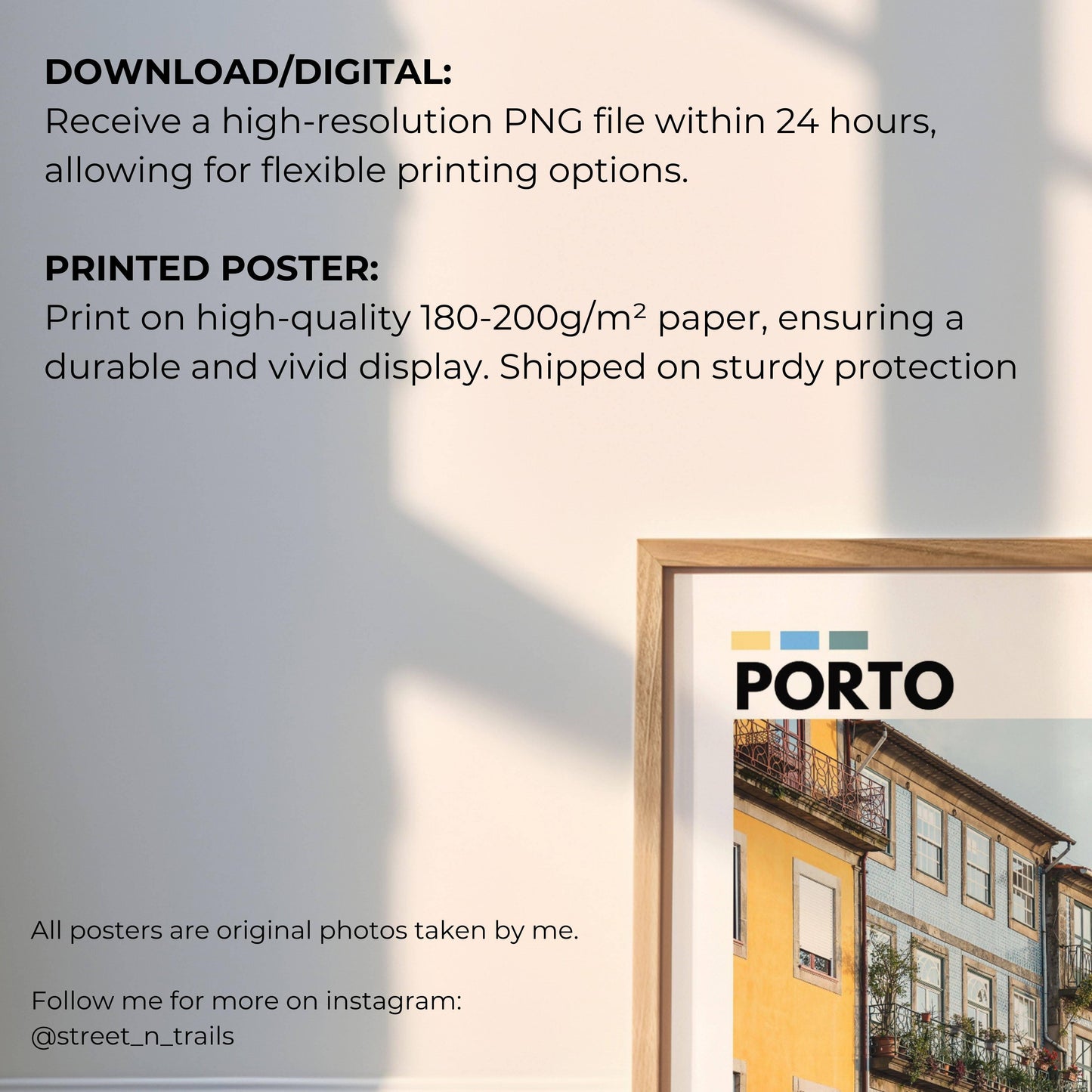 Iconic Porto houses photography poster showcasing the ornate details and bright colors of Portuguese architecture, perfect for modern home decor.