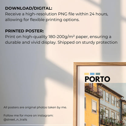 Iconic Porto houses photography poster showcasing the ornate details and bright colors of Portuguese architecture, perfect for modern home decor.