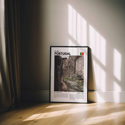 Beautiful old town in Portugal, photographed with intricate tiles, traditional buildings, and a serene atmosphere, captured in a detailed photography poster.