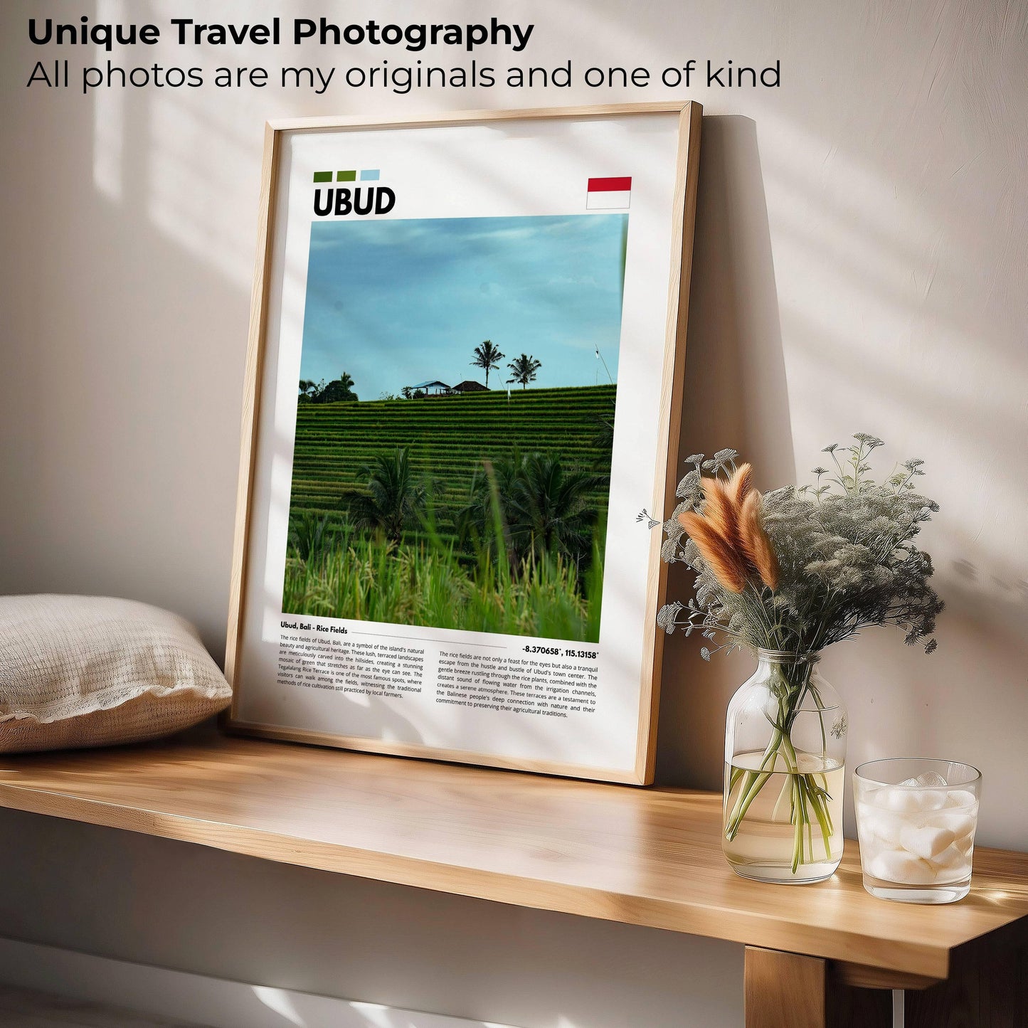 Nature-inspired photography of Bali’s Udub rice fields, showcasing the rich green terraces and the tranquil ambiance of this beautiful Indonesian countryside, ideal for wall decor.