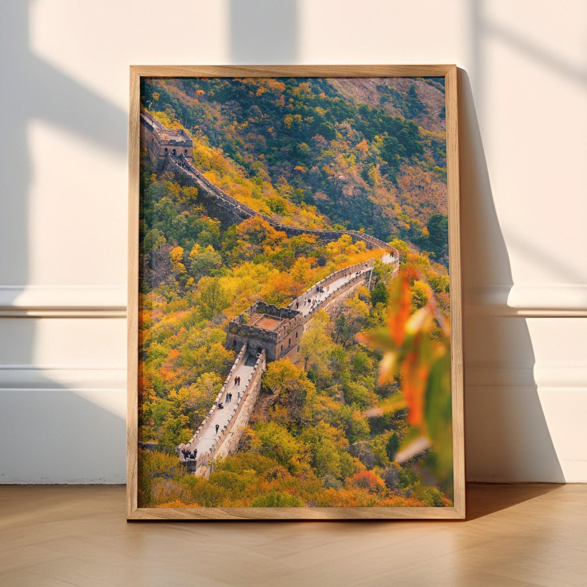 Scenic view of the Great Wall of China, with its winding path through rugged landscapes, captured in high-quality photography perfect for modern interiors.