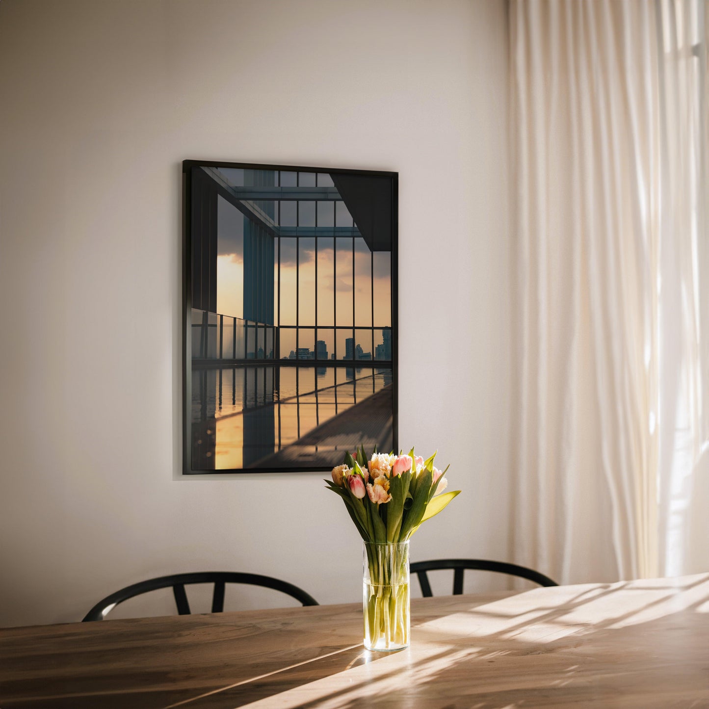 Beautiful sunset over Bangkok’s skyline, with reflections in a rooftop pool creating a tranquil and luxurious scene, ideal for travel-inspired wall art.