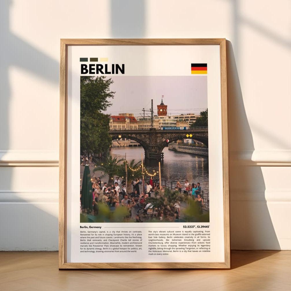 Vibrant photography of Berlin in summer, showcasing bustling streets, sunny outdoor cafes, and iconic landmarks, perfect for urban lifestyle-inspired wall art.