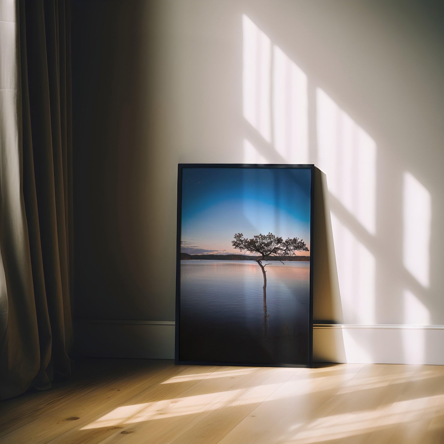 Sunset over a lake in Sweden, with vibrant reflections and surrounding forests creating a breathtaking photography poster for nature lovers.