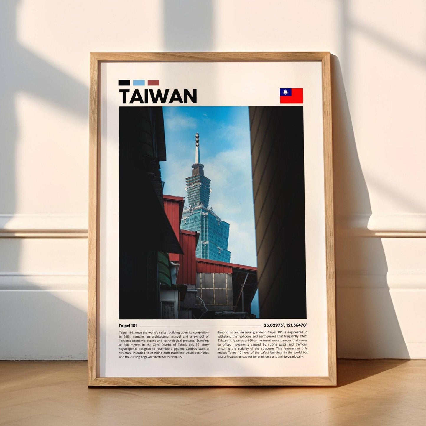 Detailed shot of Taipei 101 soaring above the city, highlighting its impressive height and modern design in this photography poster, perfect for urban-themed home or office decor.