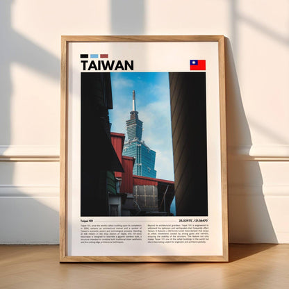 Detailed shot of Taipei 101 soaring above the city, highlighting its impressive height and modern design in this photography poster, perfect for urban-themed home or office decor.