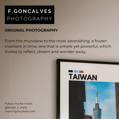 Sleek Taipei 101 poster featuring breathtaking photography of the iconic tower set against the backdrop of Taiwan’s bustling cityscape, perfect for urban art lovers and modern interior design.