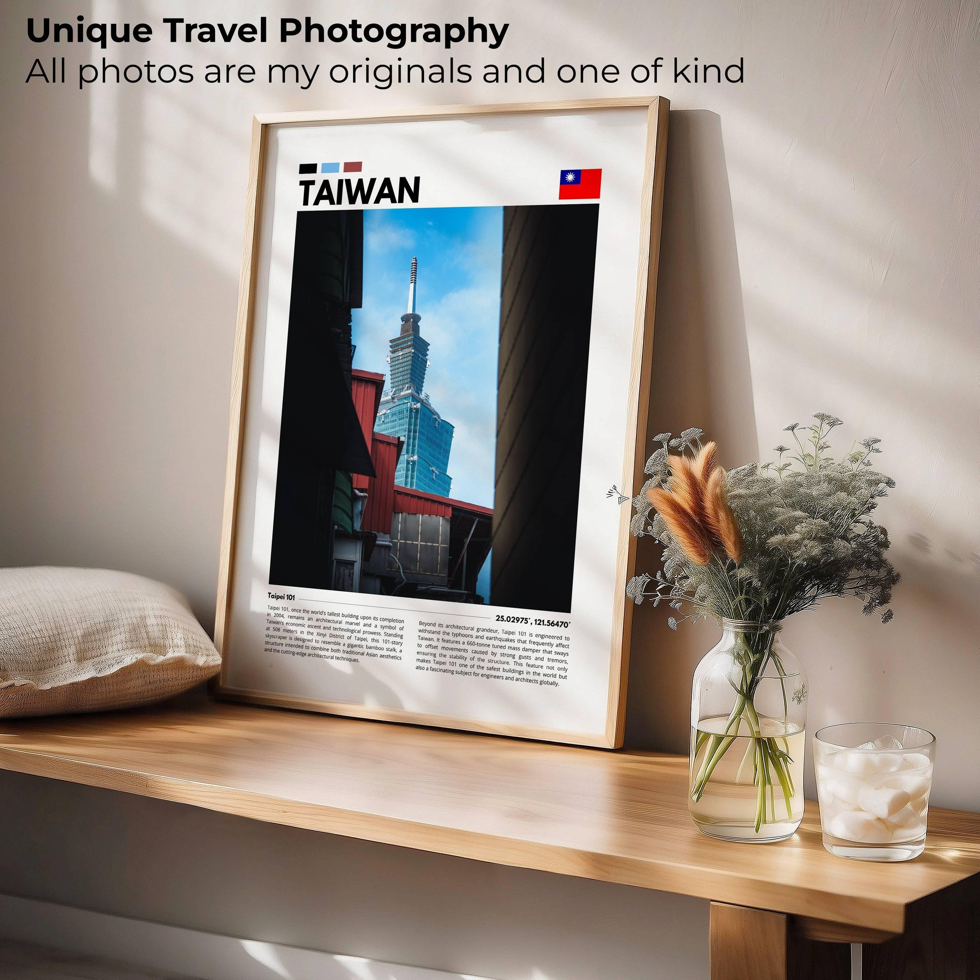 Iconic Taipei 101 captured in an elegant black-and-white photography poster, offering a sleek and stylish representation of Taiwan’s most recognizable skyscraper, ideal for contemporary wall art.