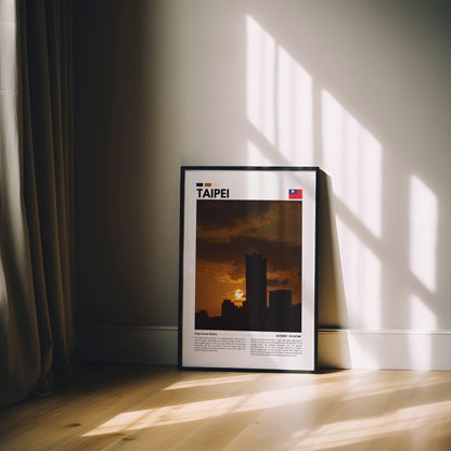 Stunning view of Taipei’s skyline at golden hour, with the city’s buildings glowing in warm tones, including the iconic Taipei 101, perfect for travel wall art.