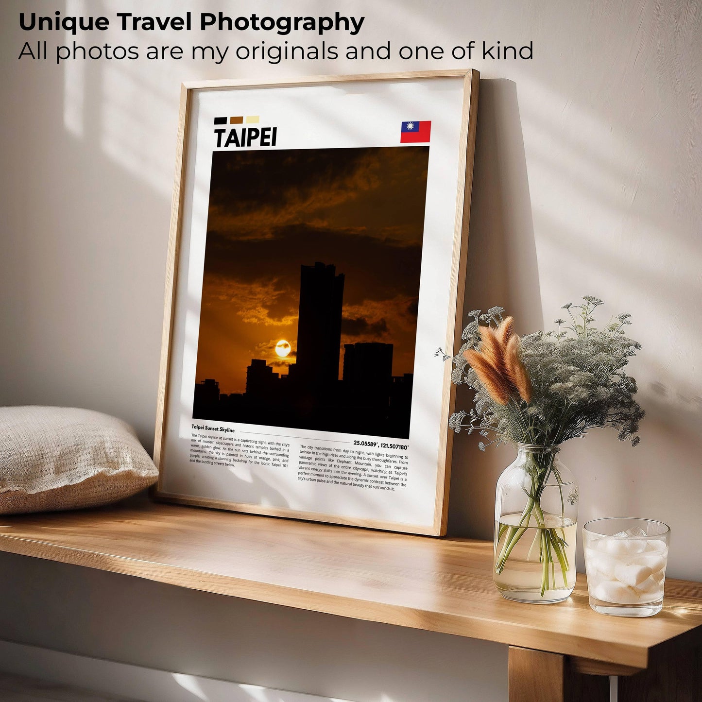 Photography of Taipei skyline at sunset, featuring golden hues and the iconic Taipei 101, creating a peaceful and elegant cityscape for wall art.