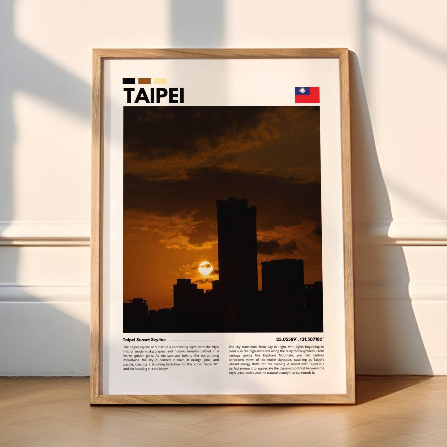 High-resolution photo of Taipei’s skyline during golden hour, showcasing the city’s urban charm and serene sunset ambiance, ideal for wall decor.