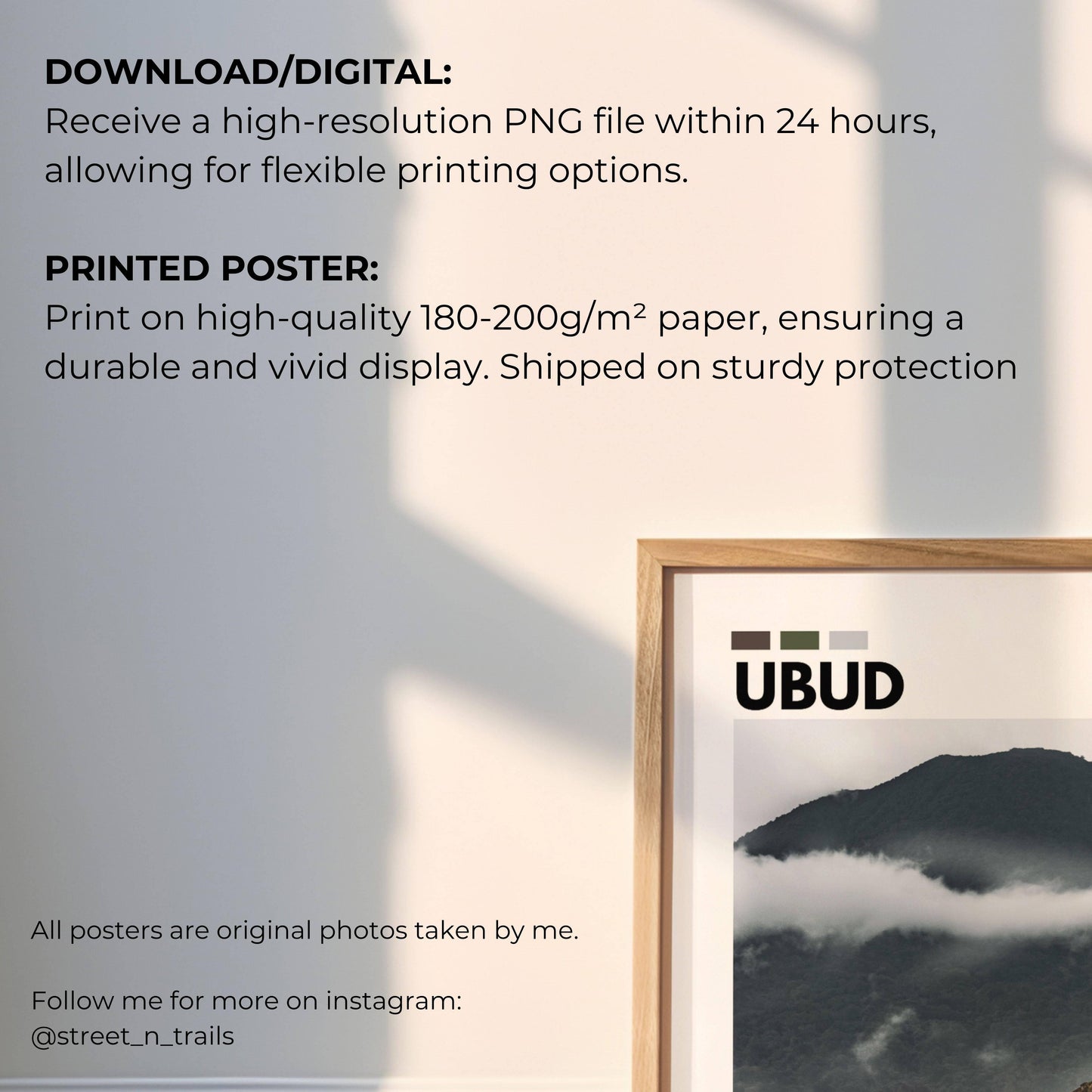 Nature-inspired photography of the Udub mountains in Bali, featuring misty peaks and rich green landscapes, ideal for adding a peaceful and natural touch to your wall art collection.