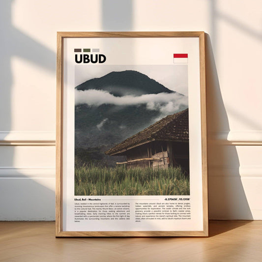 Beautiful landscape photography of Udub mountains in Bali, showcasing the mist-covered slopes and green valleys, ideal for modern interiors and travel enthusiasts.