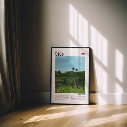 Bali’s iconic Udub rice terraces captured in vibrant green photography, showcasing the beauty of nature and traditional farming practices in this serene travel-inspired poster.