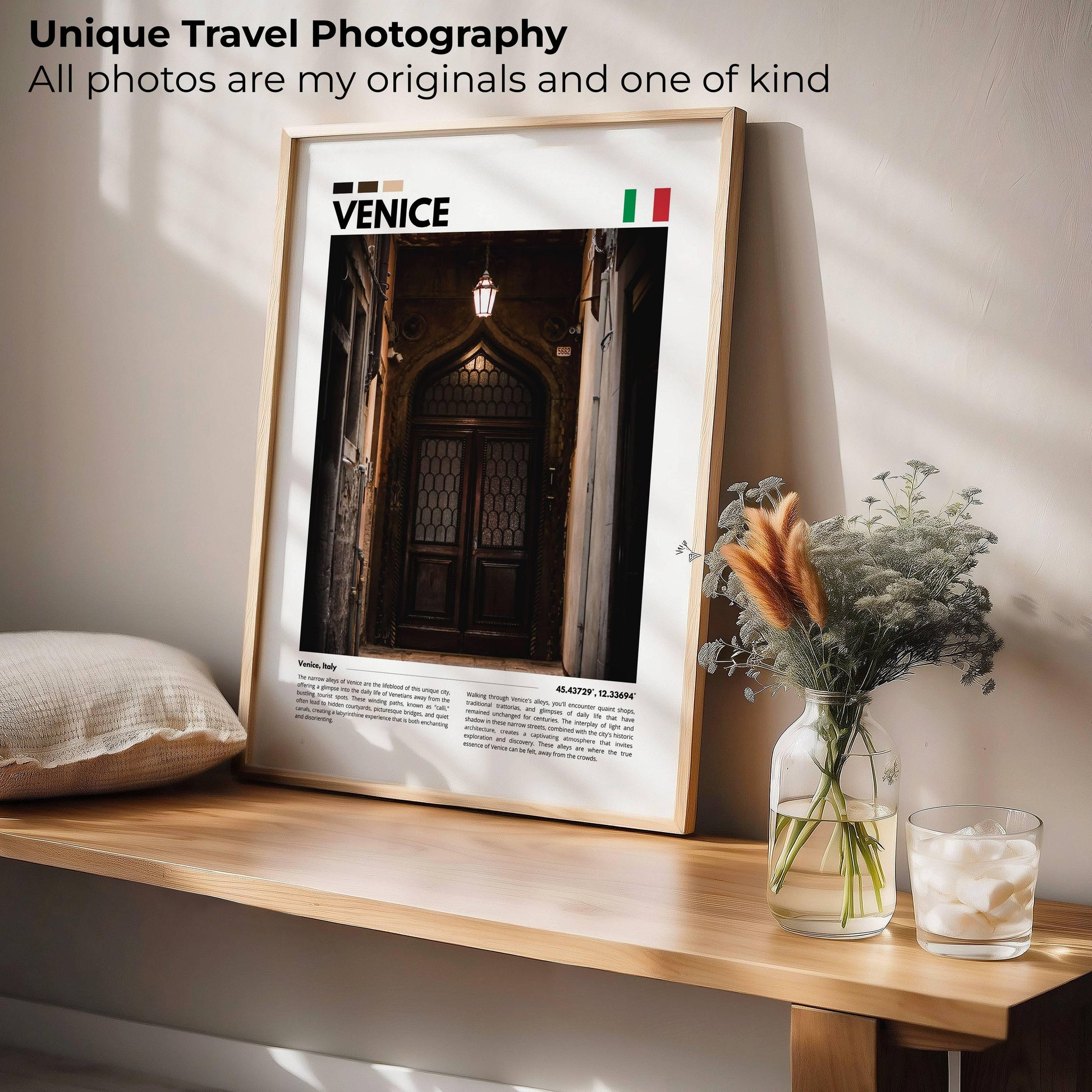 Venice traditional house featuring an aged wooden door with ornate carvings, photographed in detail to highlight its historic elegance for wall art.