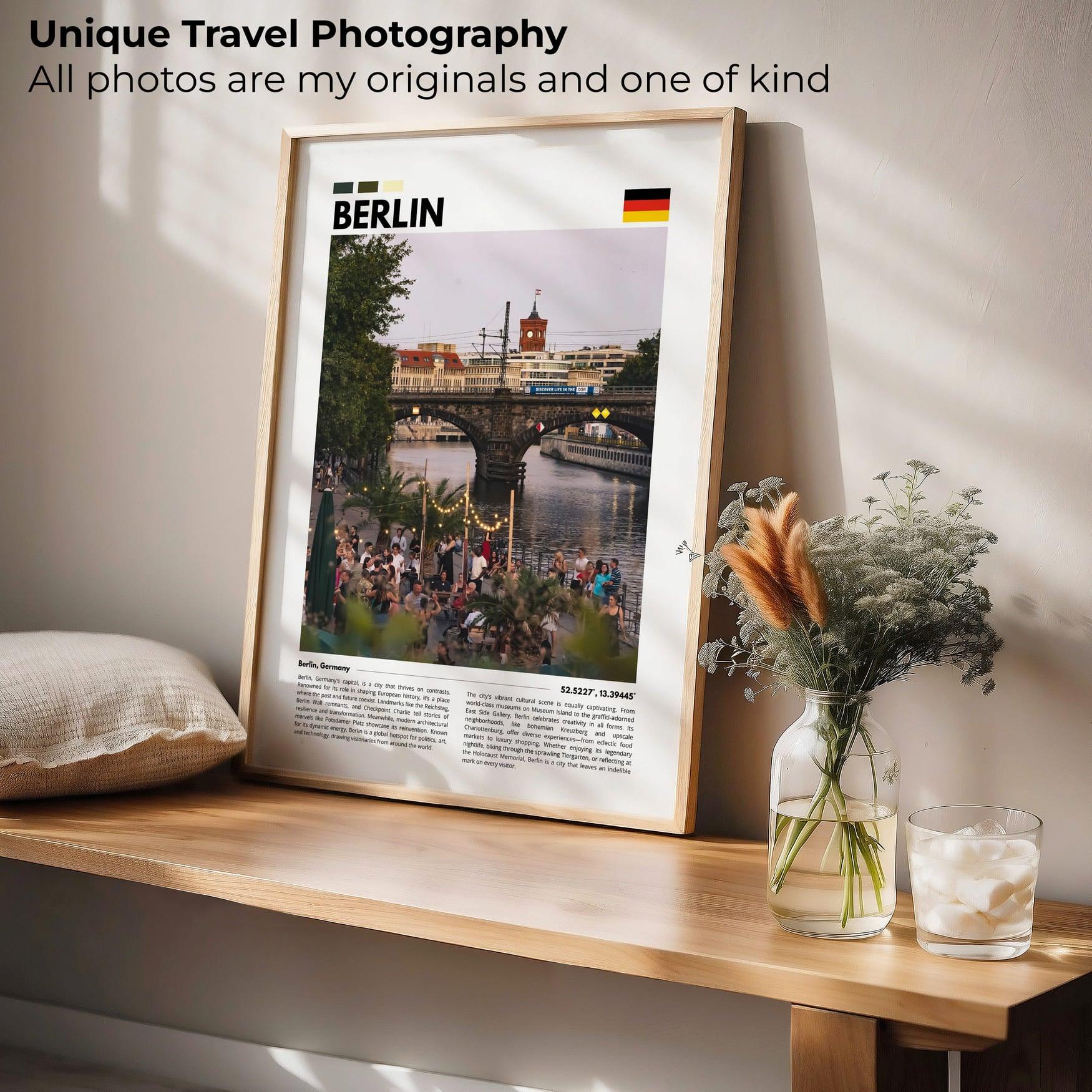 Summer in Berlin captured in vibrant photography, with outdoor cafes, iconic architecture, and dynamic street scenes, perfect for modern wall decor.