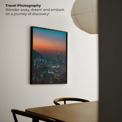 Photography poster of Hong Kong at sunset, showcasing warm light over the city’s dynamic skyline, perfect for travel lovers and modern decor enthusiasts.