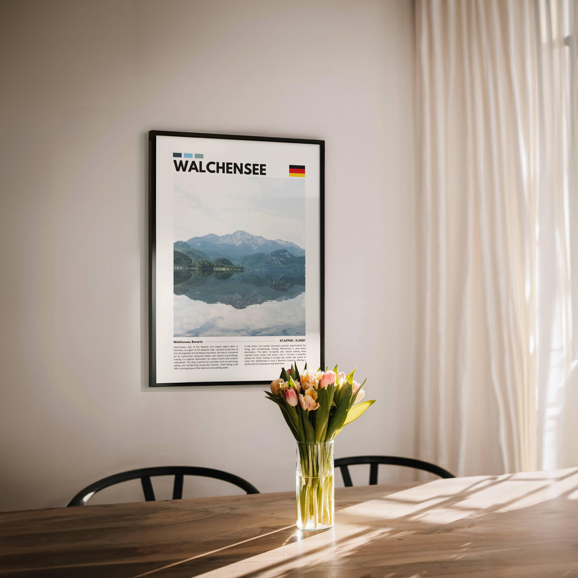 Beautiful Walchensee Lake in Bavaria, surrounded by the majestic Alps, photographed in vibrant detail for a stunning photography poster perfect for peaceful decor.