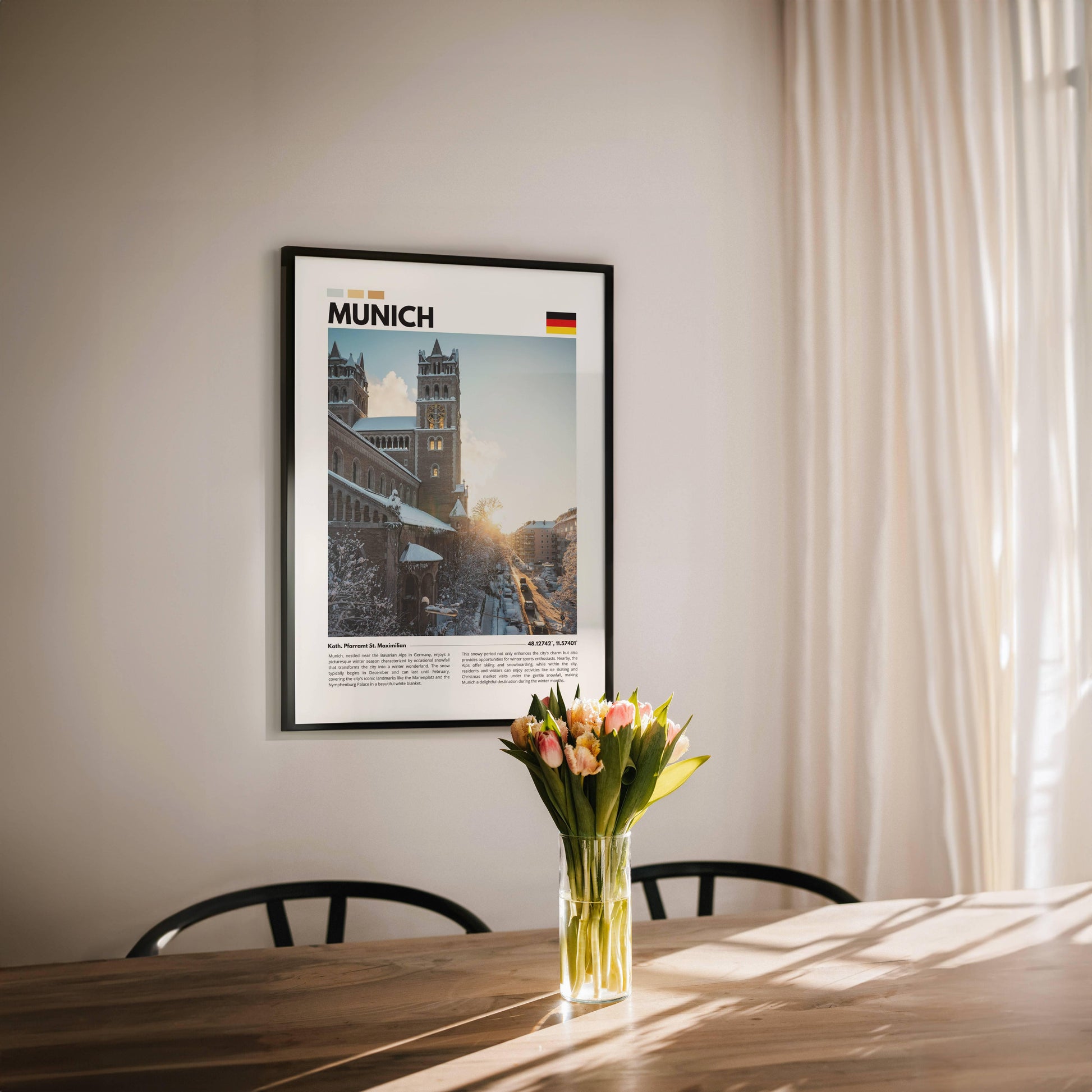 Photography poster of a Munich church in winter, featuring snow-covered rooftops and the warm glow of a sunset, perfect for lovers of European seasonal landscapes.